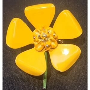Vintage 60's Enamel & Metal Yellow Pin Brooch Flower Floral Mod Bright Colorful